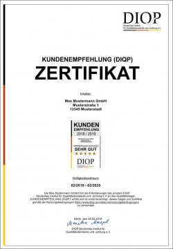 Zertifizierungsurkunde für das Gütesiegel Kundenempfehlung (DIQP) Zertifizierungsurkunde: Kundenempfehlung (DIQP)